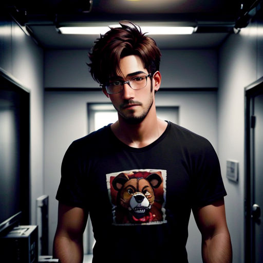 a man wearing glasses and a t - shirt with a bear on it is standing in a hallway with a door