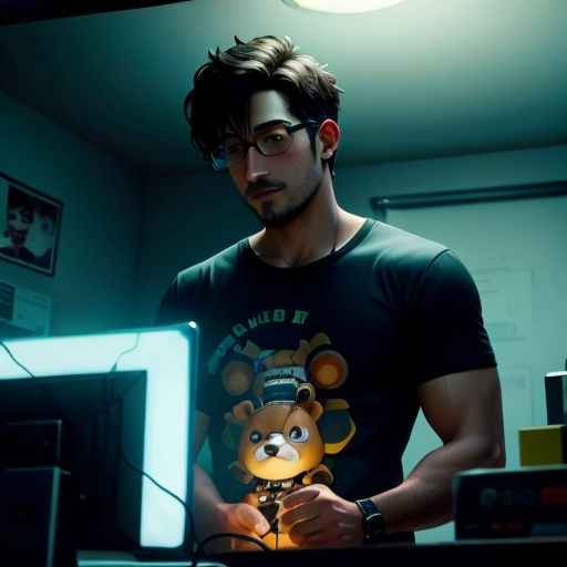 a man holding a teddy bear in front of a computer screen in a room with a light on it