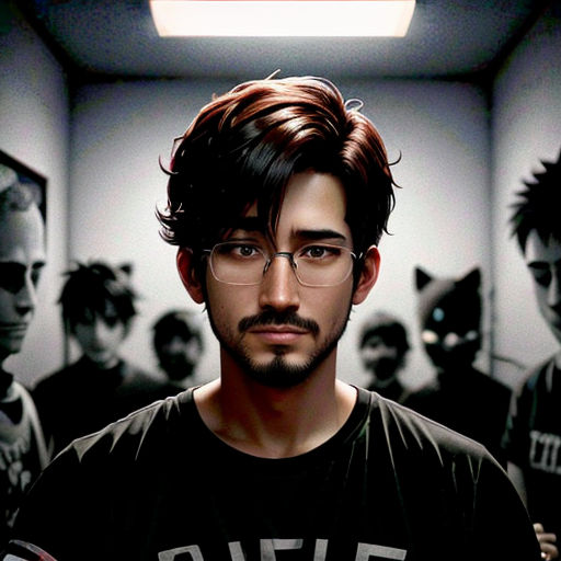 a man with glasses and a mustache standing in a room with other men in the background wearing glasses and a black shirt