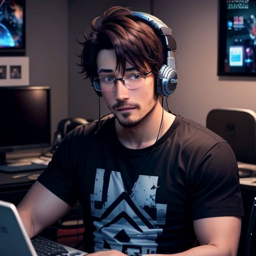 a man wearing headphones and using a laptop computer in a room with monitors and other electronic equipment on the walls