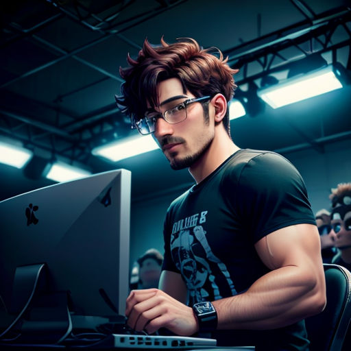 a man sitting in front of a computer monitor with a mouse and keyboard in his hand and a monkey behind him