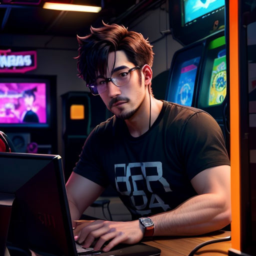 a man sitting at a table with a laptop computer in front of him and a gaming room in the background