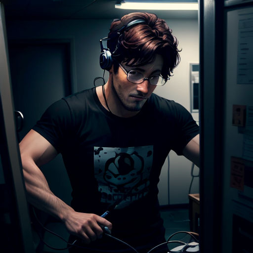 a man wearing headphones is looking at a computer screen and listening to headphones on his headphones