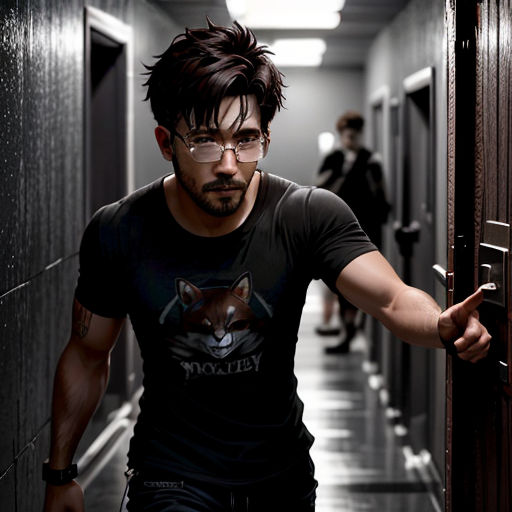 a man with glasses is walking down a hallway with a door open to another room and a person in the background