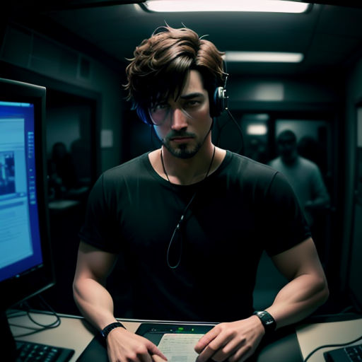 a man wearing headphones is using a laptop computer in a dark room with a monitor and a keyboard