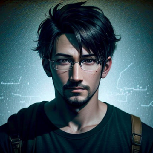 a man with glasses and a beard standing in front of a wall with writing on it and a backpack