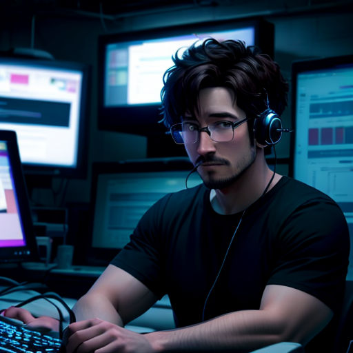 a man wearing headphones and using a computer keyboard and mouse in a dark room with multiple monitors and monitors