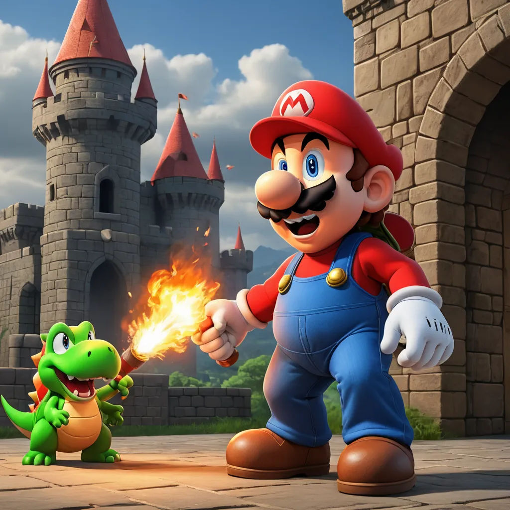 a nintendo mario and a green dinosaur in front of a castle with a castle in the background and a person holding a fire, sots art, concept art, Chris LaBrooy, unreal engine 5 quality render