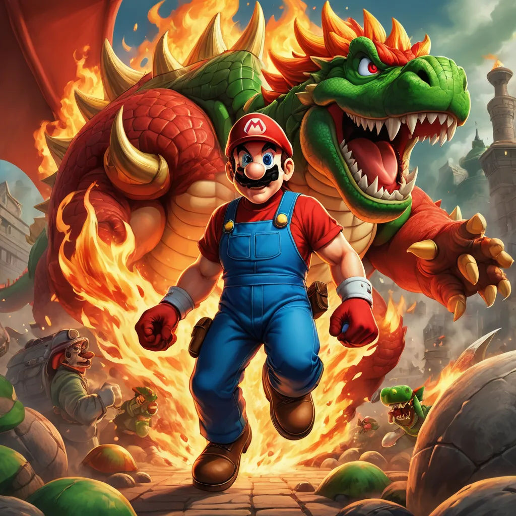 a nintendo character running with a dragon in the background and a fire breathing dragon in the foreground,, sots art, concept art, Chris LaBrooy, official art