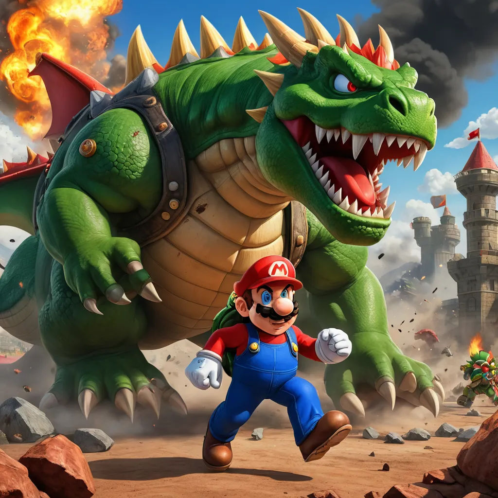 a nintendo mario running with a dragon in the background and a castle in the background with a fire coming from it, sots art, concept art, Chris LaBrooy, official art