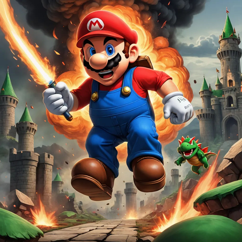 a cartoon character is running through a fire and smoke scene with a castle in the background and a green dragon, sots art, concept art, Chris LaBrooy, official art