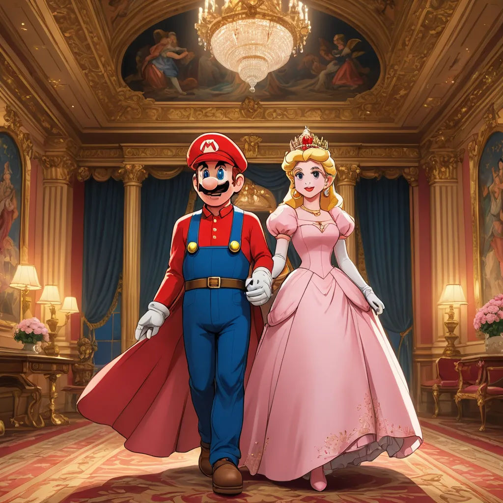 a man and a woman dressed in mario and princess peaches costumes standing in a ballroom with a chandelier, sots art, concept art, Chris LaBrooy, official art