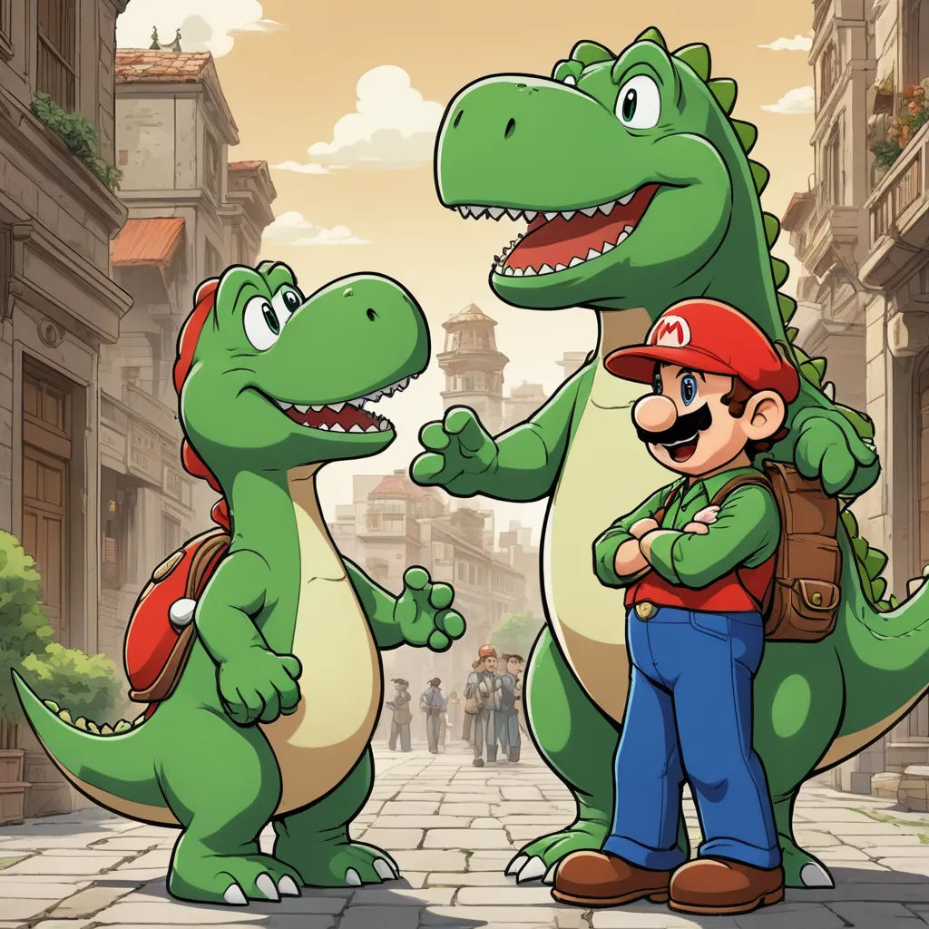 a man standing next to a dinosaur on a street next to another man in a red cap and jeans, sots art, concept art, Adam Rex, official art