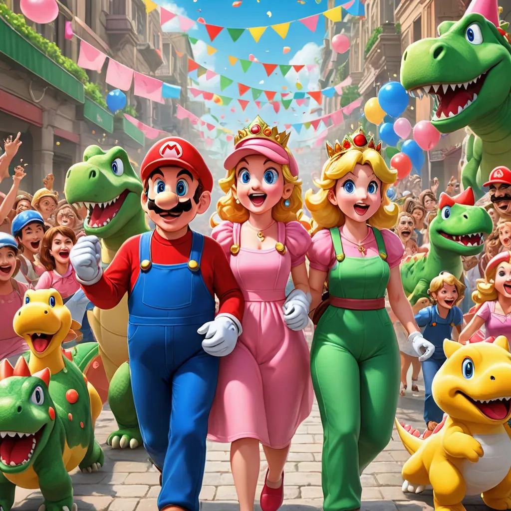 a group of people walking down a street next to a dinosaur and a man in mario bros costume and a woman in a pink dress, sots art, concept art, Chris LaBrooy, official art