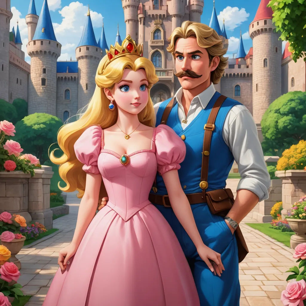 a man and a woman in a pink dress standing in front of a castle with roses and a pink rose, magical realism, a storybook illustration, disney, official art