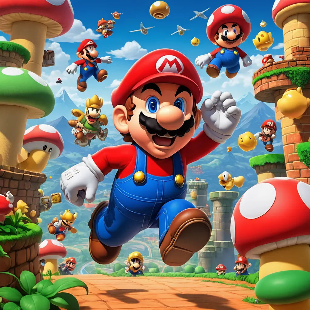 a mario running through a mushroom land with other mario characters in the background and a mushroom - like mushroom - like mushroom in the foreground, sots art, a 3D render, Chris LaBrooy, official art