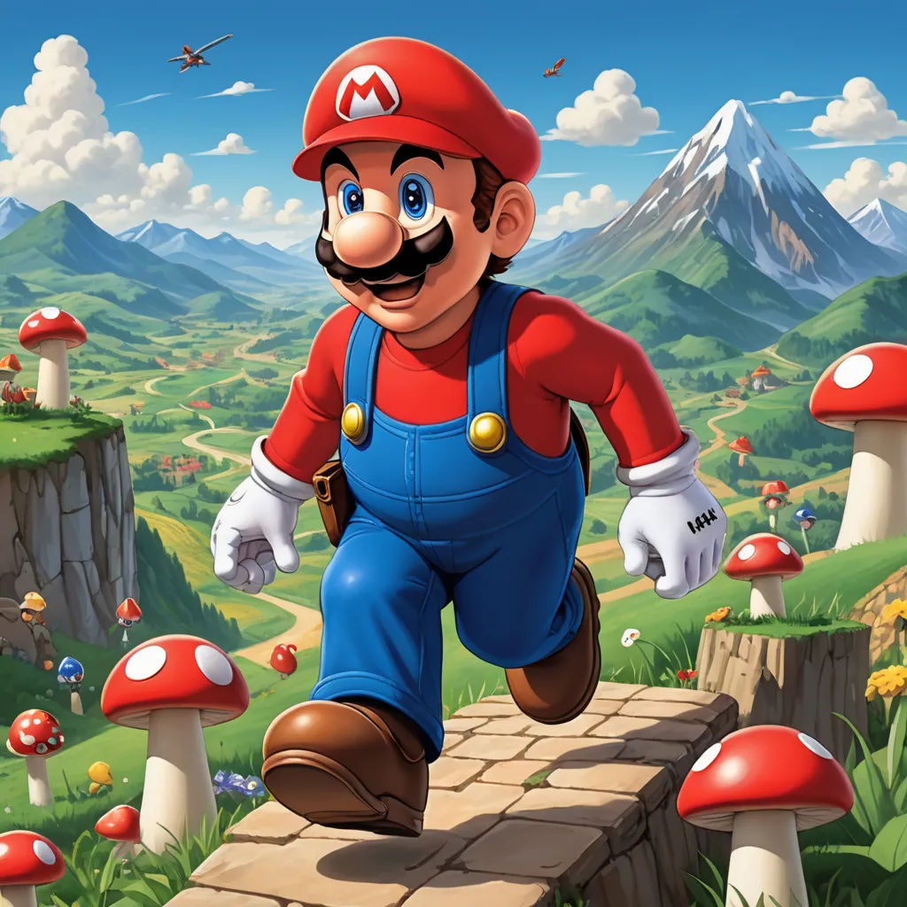 a cartoon of a mario running over a bridge with mushrooms and a bird flying overhead in the sky above, sots art, concept art, Chris LaBrooy, official art