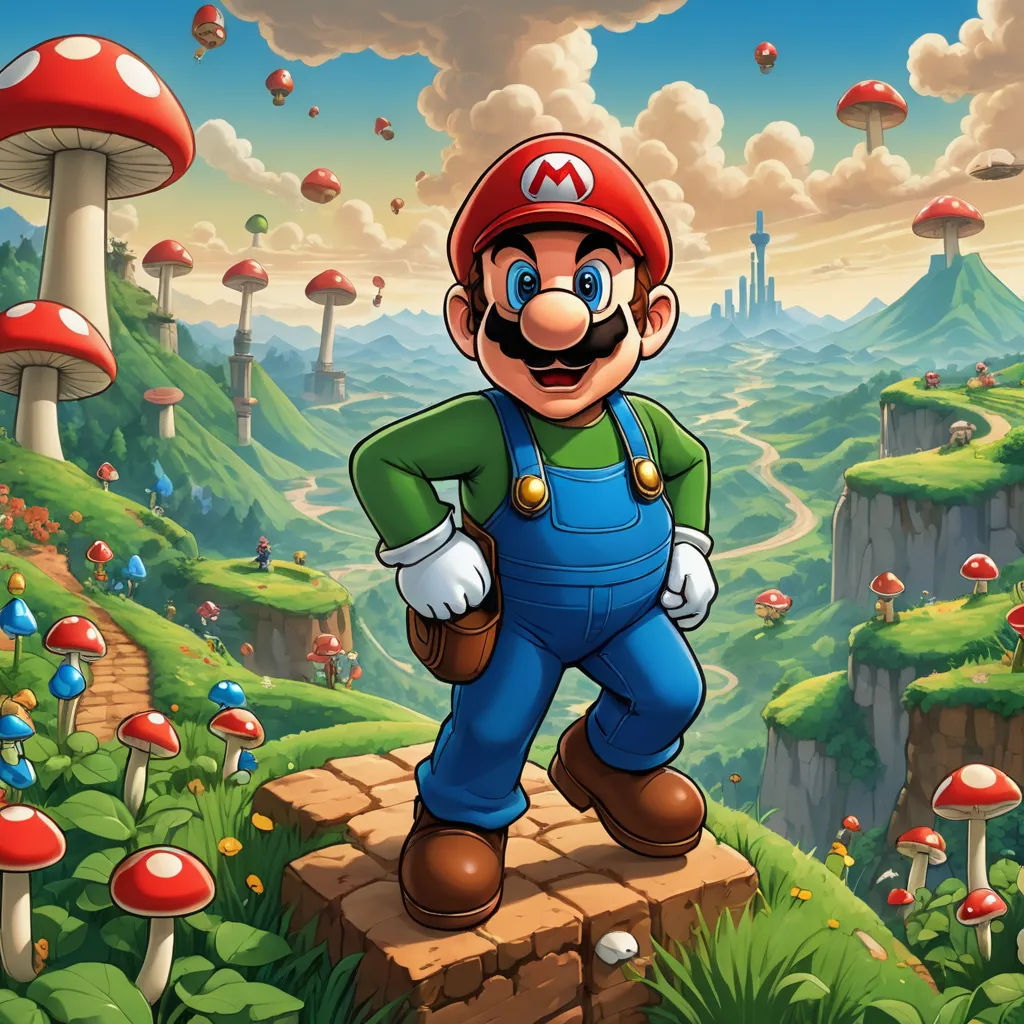 a cartoon of a mario running across a field of mushrooms and mushrooms in the background is a mountain with a mushroom forest, sots art, a character portrait, Chris LaBrooy, official art