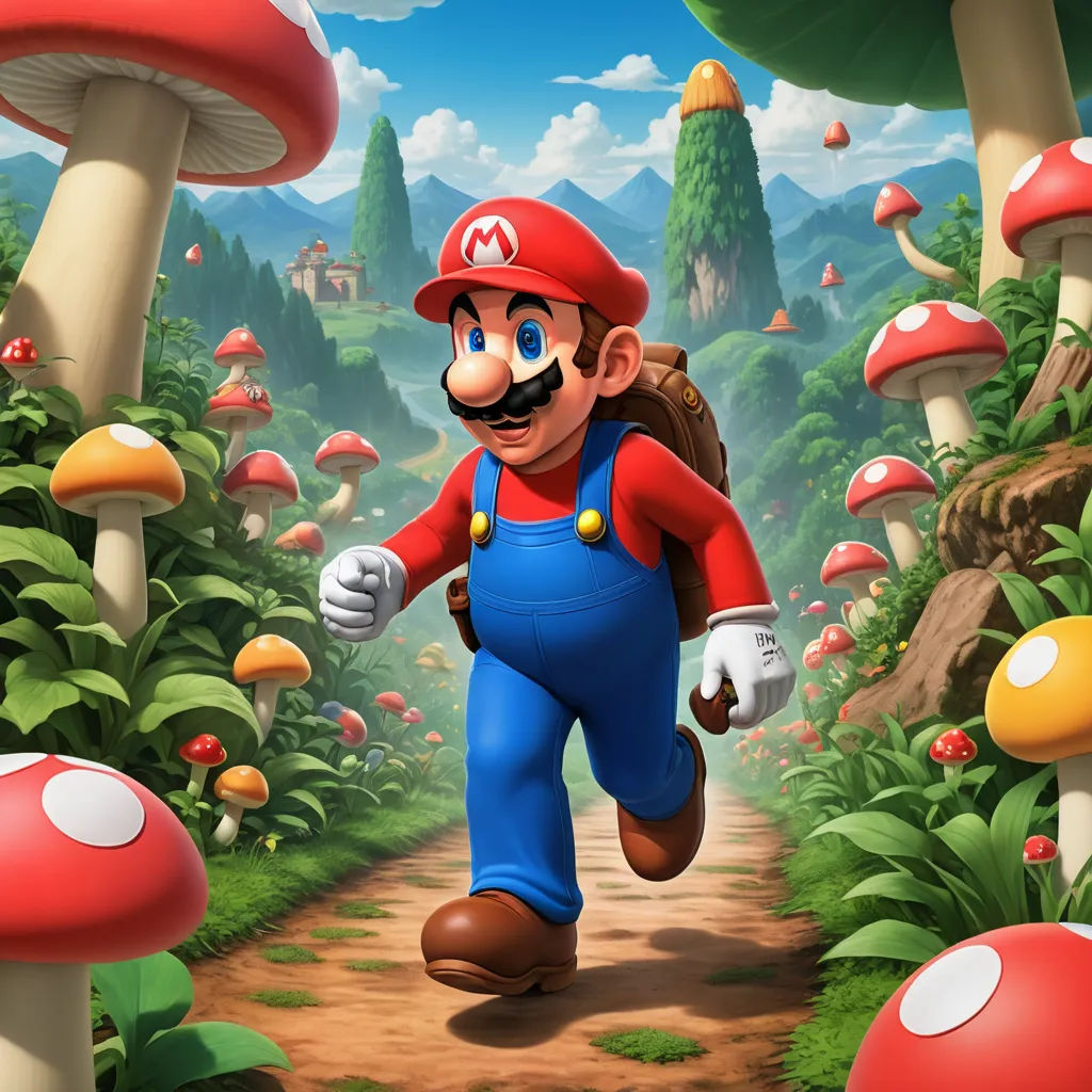 a cartoon of a man running through a forest with mushrooms and mushrooms on the ground and a sky background, sots art, concept art, Chris LaBrooy, official art