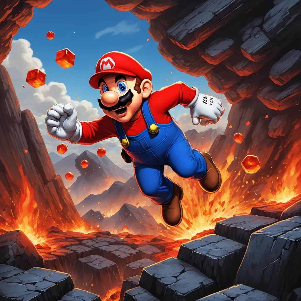 a cartoon of a man in a red hat and blue overalls jumping over a rocky cliff with lava and rocks, sots art, a 3D render, Chris LaBrooy, official art