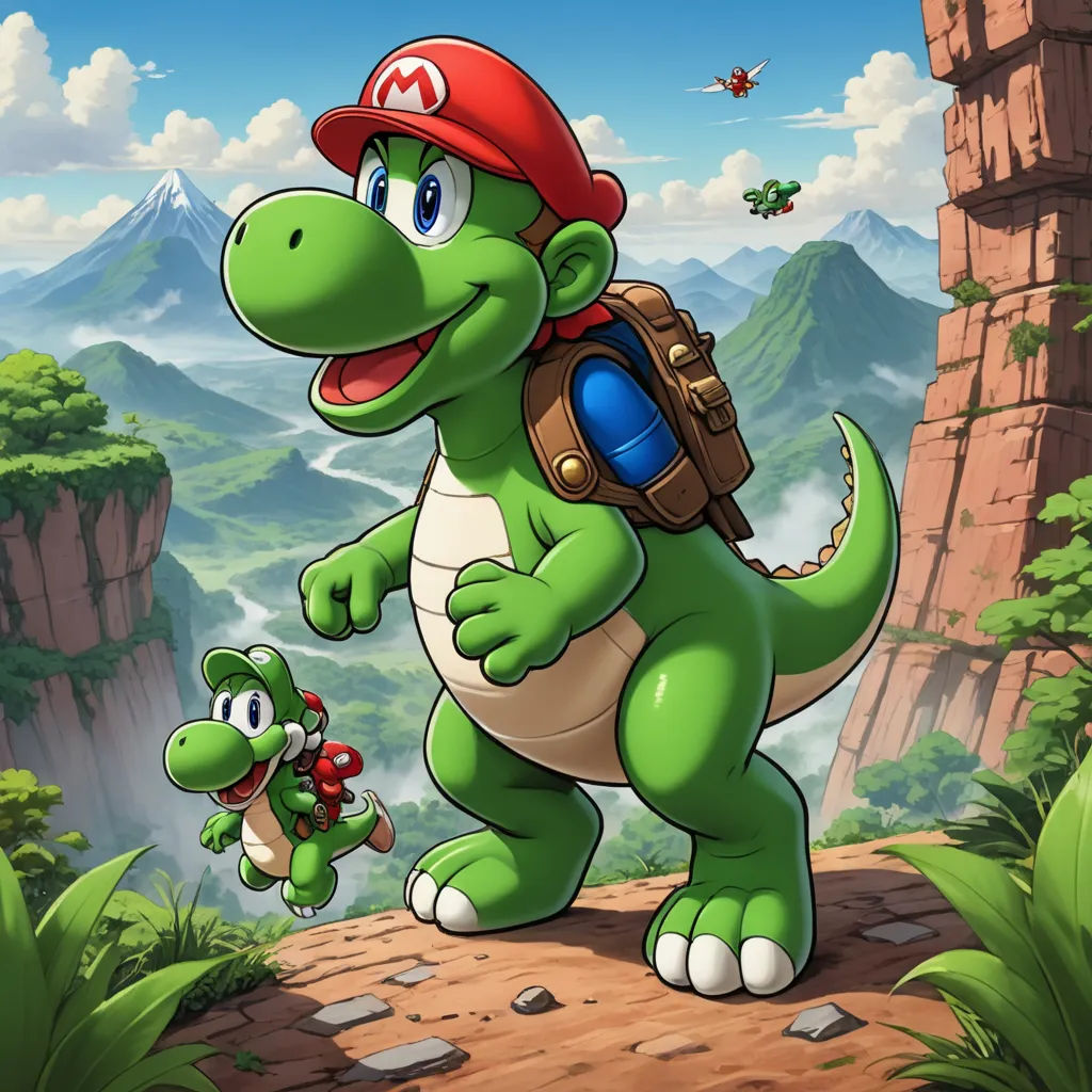 a cartoon of a dinosaur and a mario bros character in a landscape with mountains and trees in the background, sots art, concept art, Abidin Dino, official art