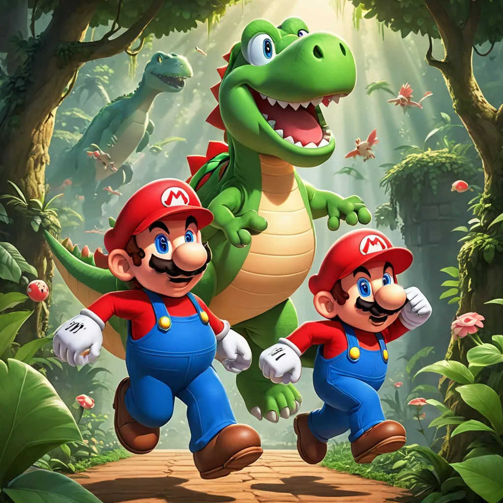 a cartoon of mario and luigi running in the woods with a dinosaur in the background and a t - shirt that says mario, sots art, concept art, Adam Rex, official art
