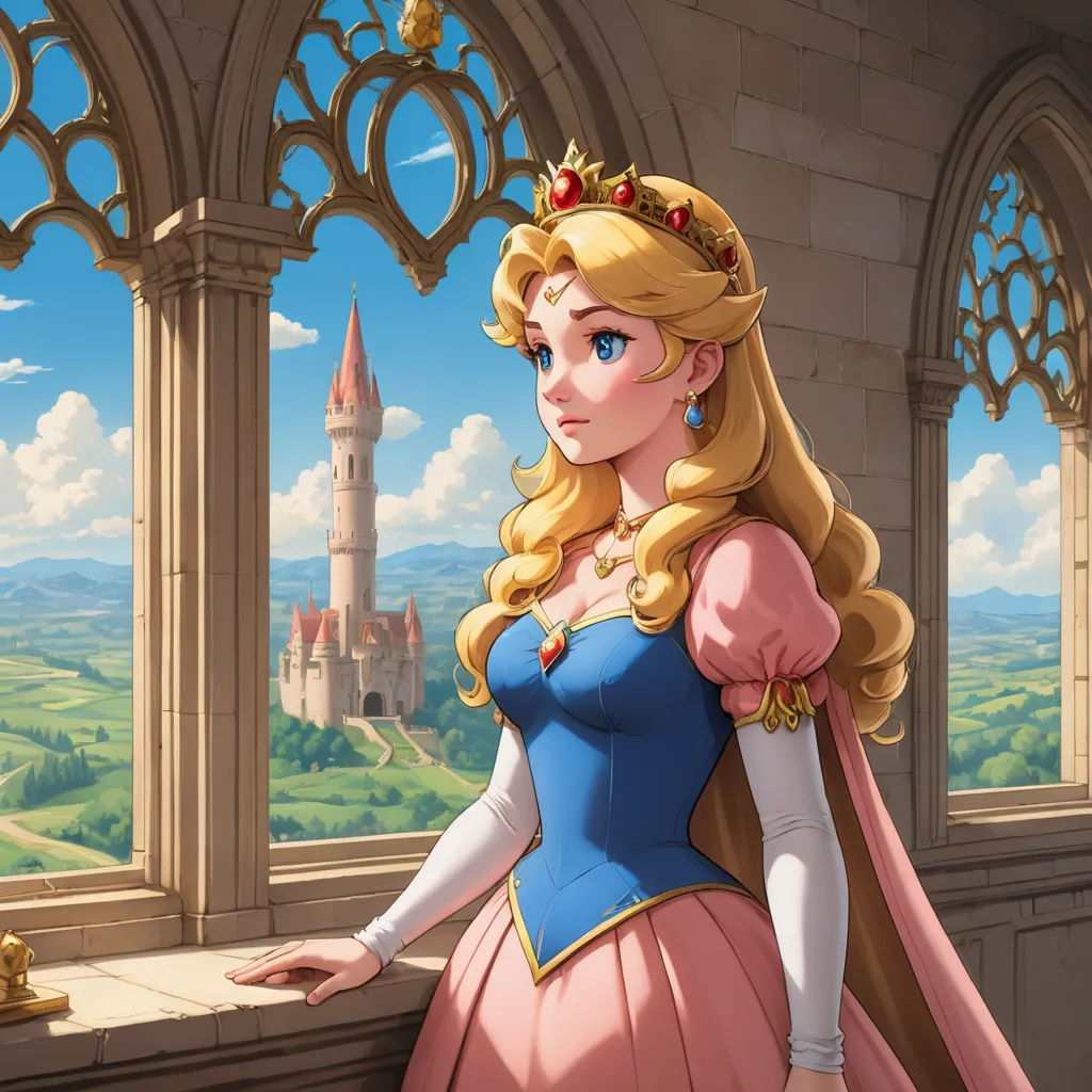 a woman in a princess costume looking out a window at a castle with a castle in the background and a castle in the background, fantasy art, a detailed matte painting, disney, rossdraws global illumination