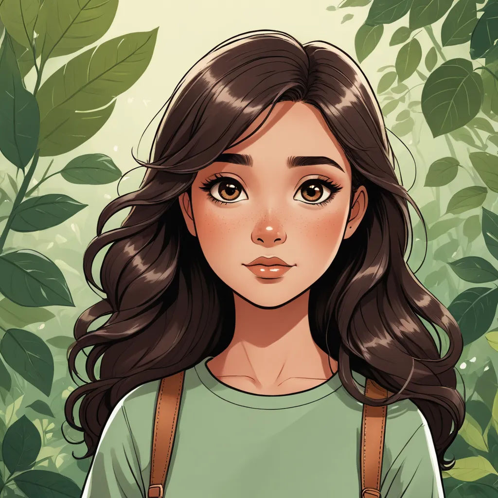a girl with long hair and a backpack in front of a jungle background with leaves and plants, with a green shirt on, fantasy art, a character portrait, Clarice Beckett, character portrait