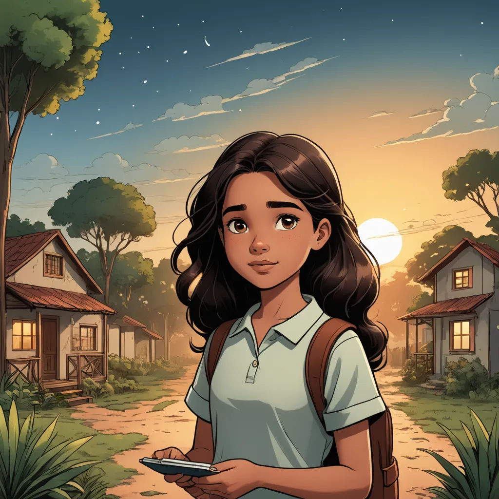 a girl holding a remote control in a cartoon style with a house in the background and a full moon in the sky, magical realism, a comic book panel, Cliff Childs, comic cover art