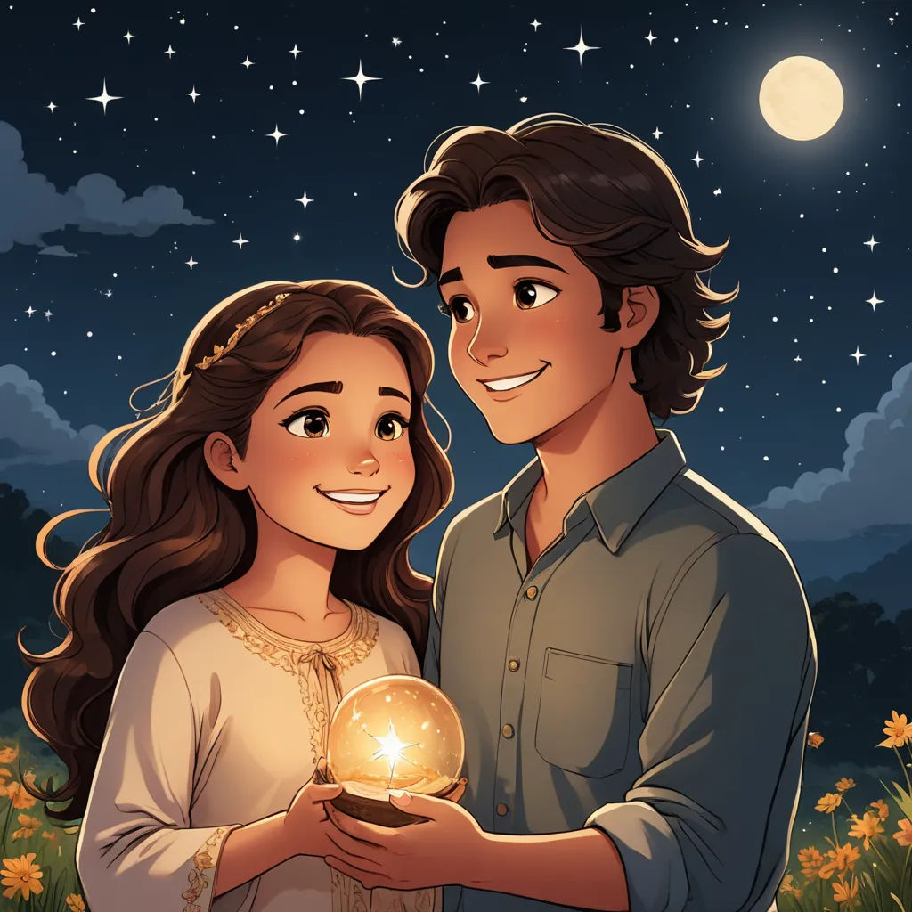 a young man and woman holding a crystal ball in their hands at night with the moon in the background, neo-romanticism, a storybook illustration, Cyril Rolando, official art