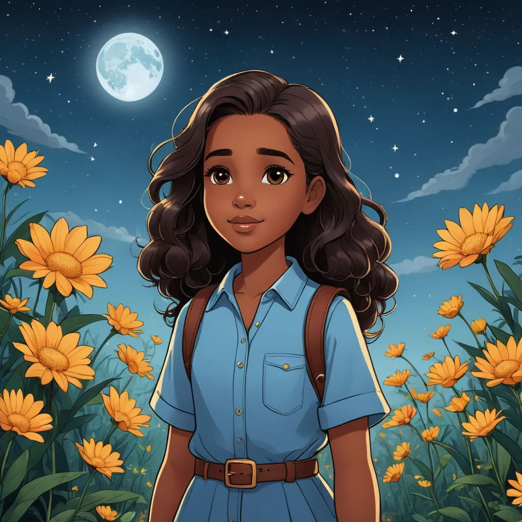 a girl standing in a field of sunflowers under a full moon with a blue sky and stars, space art, a character portrait, Ella Guru, comic cover art