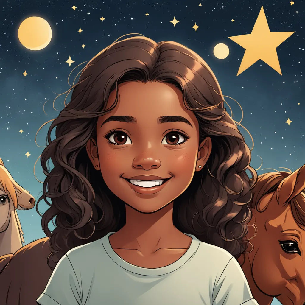 a girl standing in front of three horses with stars on the sky behind her and a star above her, space art, a storybook illustration, Chinwe Chukwuogo-Roy, comic cover art