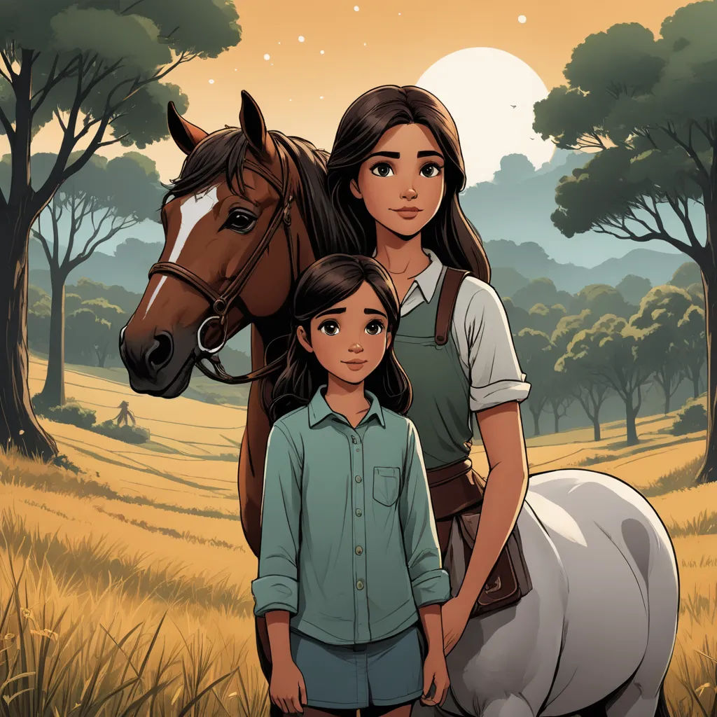 a woman and a child standing next to a horse in a field with trees and grass in the background, serial art, a storybook illustration, Cliff Childs, comic cover art