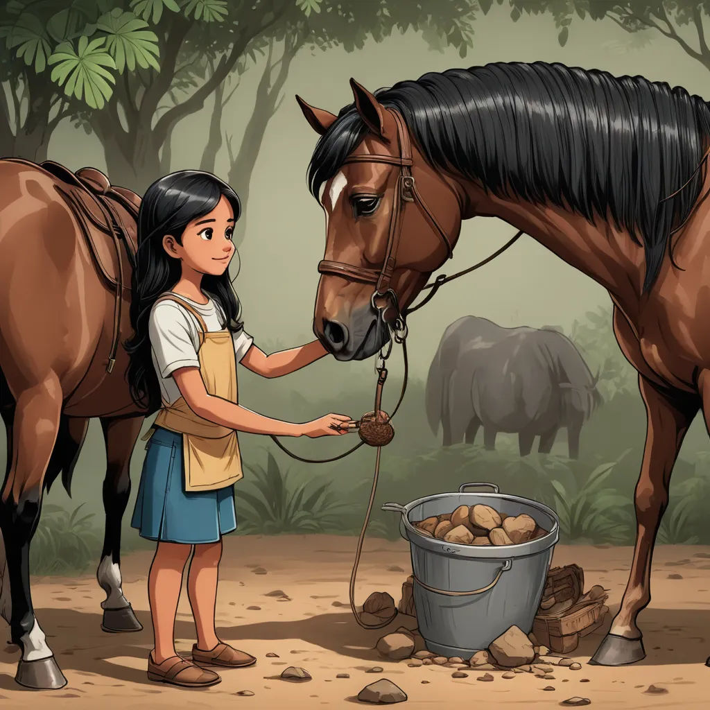 a girl is standing next to a horse and a bucket of potatoes in front of her and a bucket of potatoes in front of her, american scene painting, a storybook illustration, Cliff Childs, storybook illustration