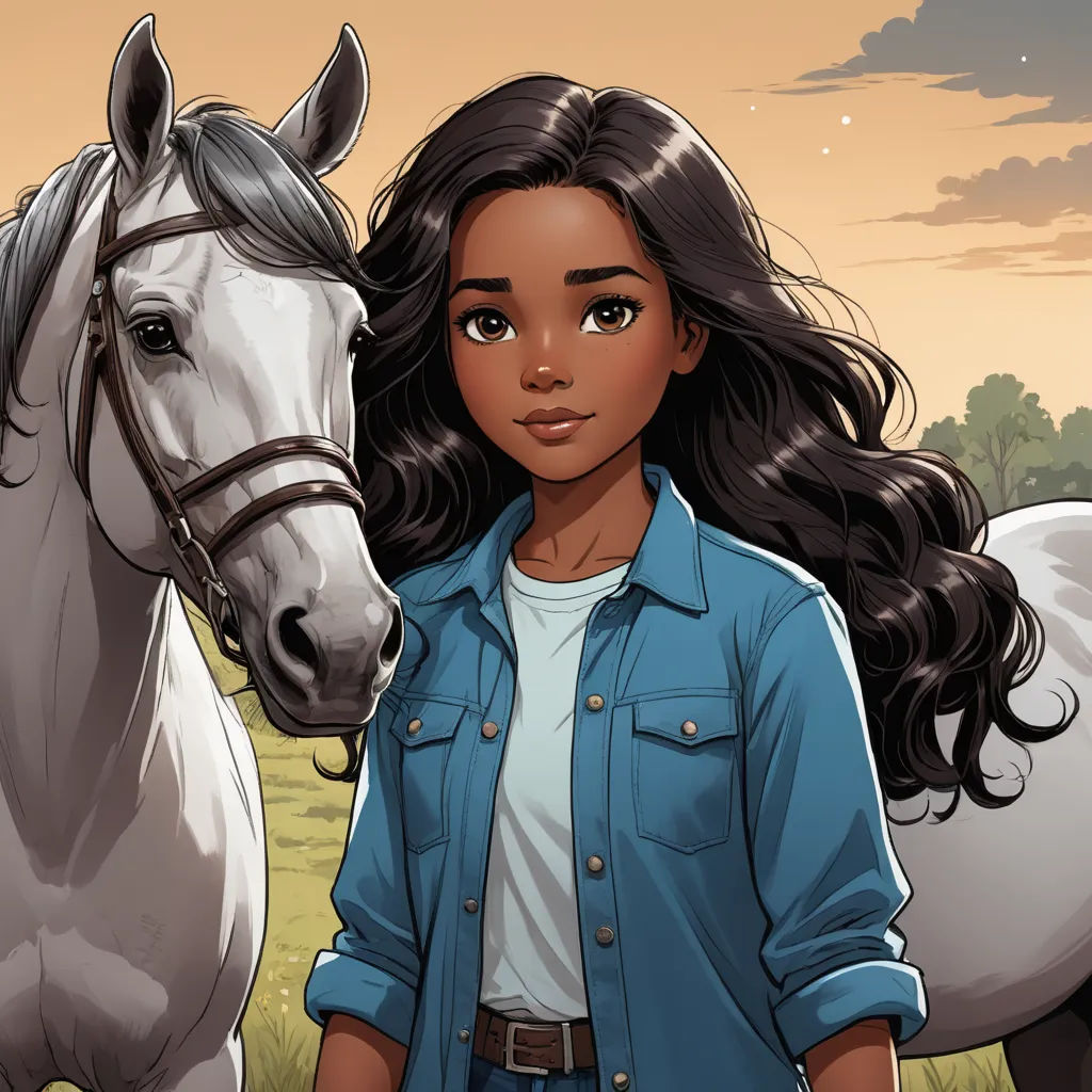 a girl standing next to a horse in a field of grass with a sky background and clouds in the background, american scene painting, a comic book panel, Cliff Childs, western comic book art
