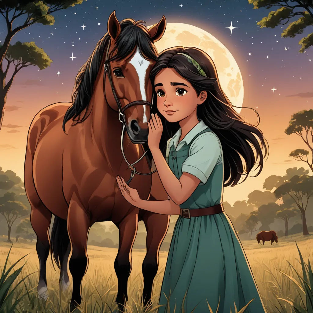 a girl in a dress petting a horse in a field with a full moon in the background and trees, magical realism, a storybook illustration, David Gilmour Blythe, comic cover art