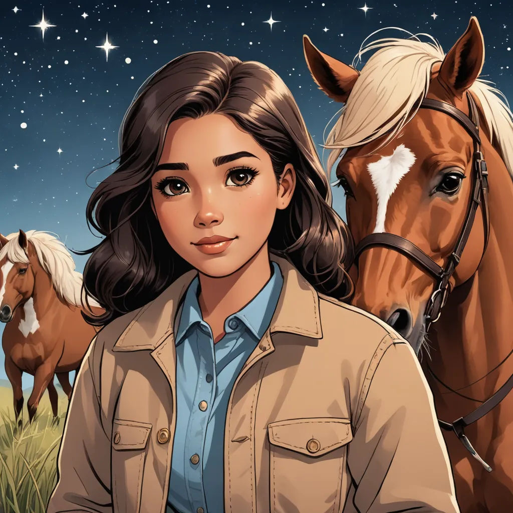a woman standing next to two horses in a field at night with stars in the sky behind her and a horse behind her, naturalism, a character portrait, Eve Ryder, key art