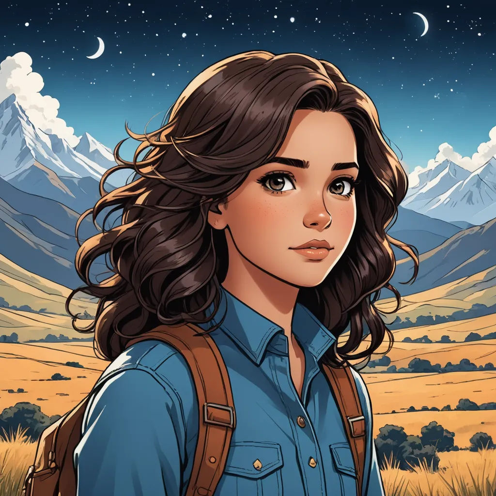 a woman with long hair and a backpack in a field with mountains in the background and a moon in the sky, serial art, a character portrait, Ada Hill Walker, character portrait