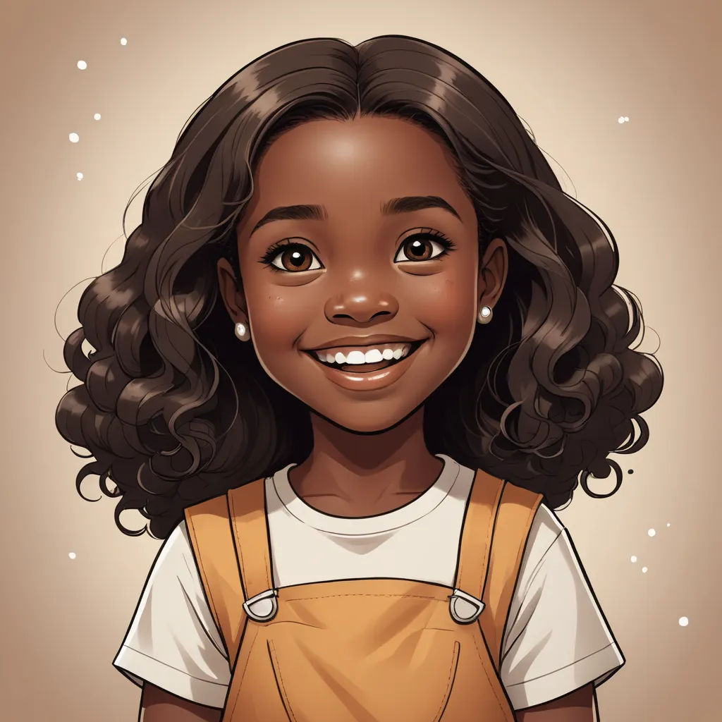 a cartoon girl with curly hair and a yellow apron smiling at the camera with snow falling around her and stars in the background, photorealism, a character portrait, Chinwe Chukwuogo-Roy, brown skin