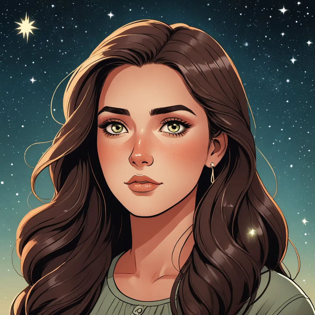 a woman with long hair and green eyes is looking at the stars in the sky above her head is a star, space art, a character portrait, Charlie Bowater, stars