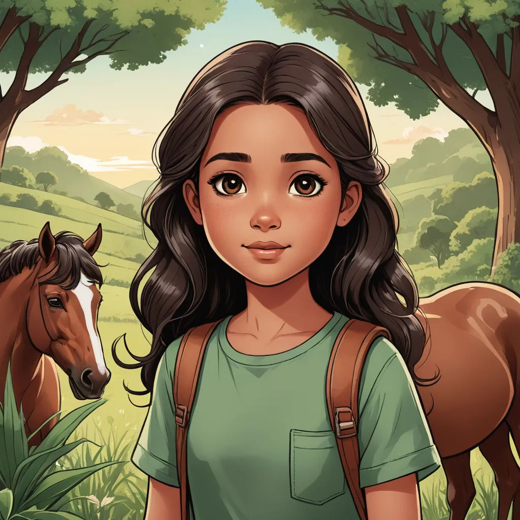 a girl with a backpack standing next to a horse in a field of grass and trees with a horse in the background, sots art, a character portrait, Clarice Beckett, promotional image