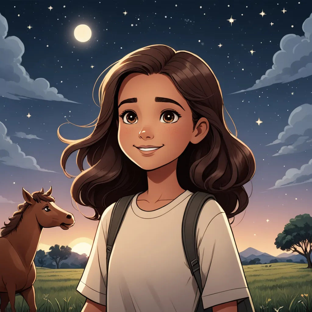 a girl standing next to a horse in a field at night with stars and a full moon in the sky, space art, a character portrait, Cliff Childs, comic cover art