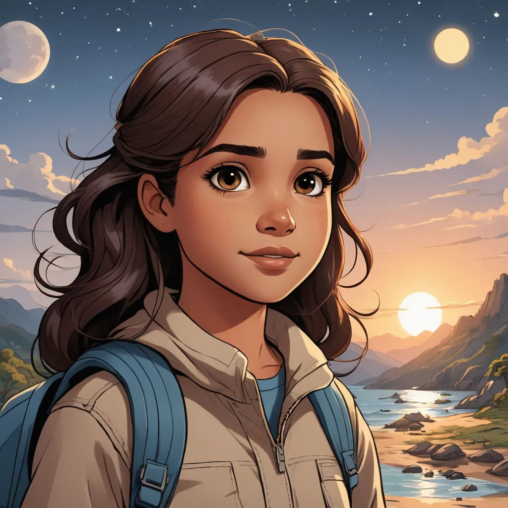 a girl with a backpack looking at the camera with a sunset in the background and a river running through it, space art, a character portrait, Cliff Childs, comic cover art