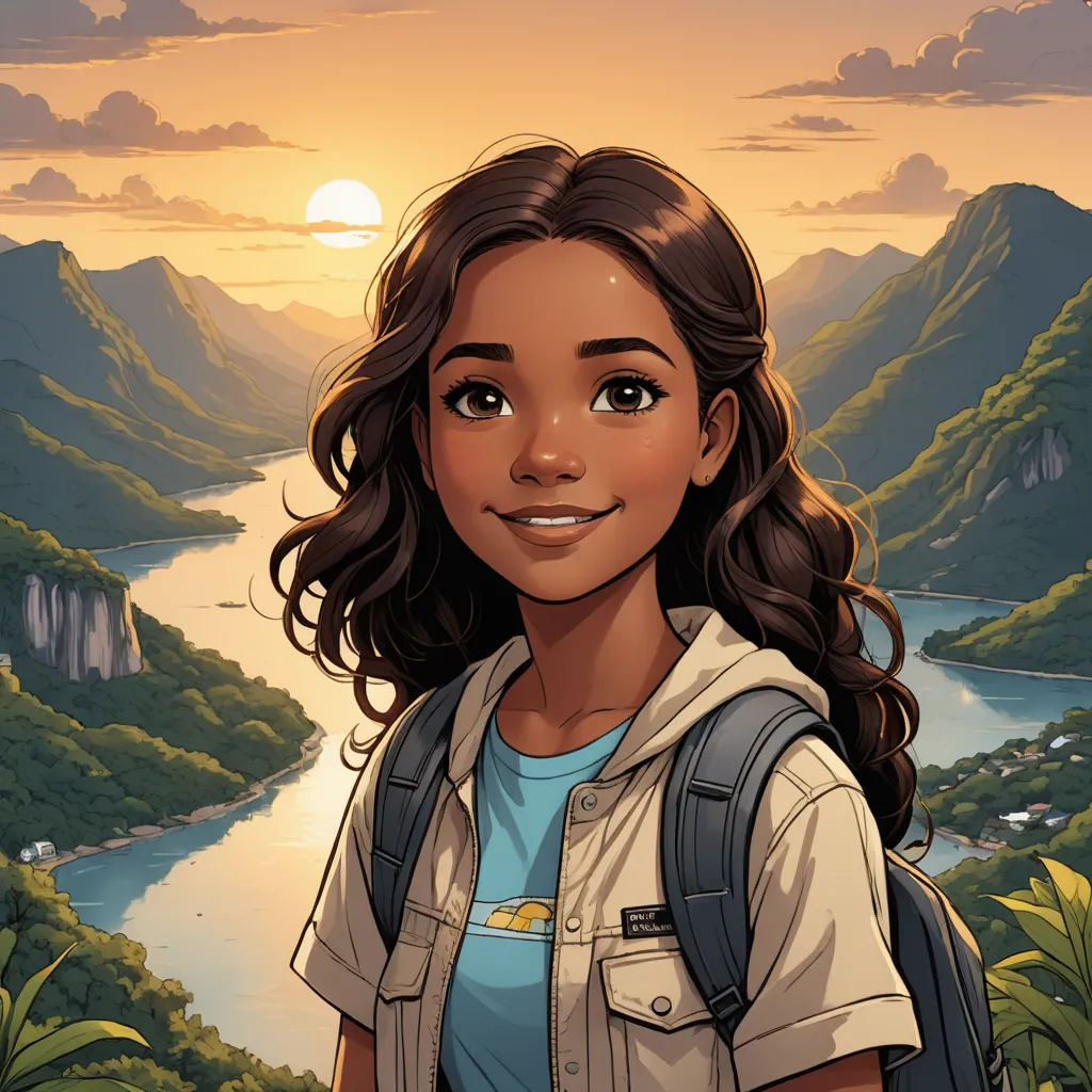 a cartoon girl with a backpack standing in front of a mountain and river at sunset with a sunset in the background, environmental art, a character portrait, Cliff Childs, comic cover art
