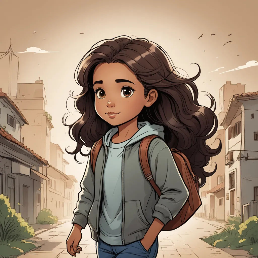 a cartoon girl with long hair walking down a street with a backpack on her back and a bird flying overhead, paris school, a character portrait, Cliff Childs, kinkade