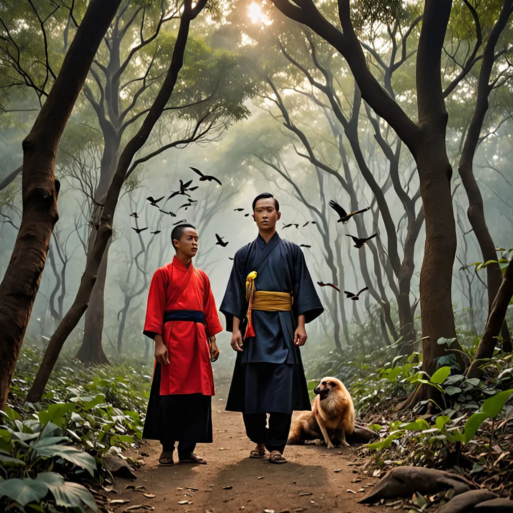 a man and woman in traditional chinese clothing walk through a forest with a dog on a leash in front of them, magical realism, a storybook illustration, Fang Congyi, award - winning photography