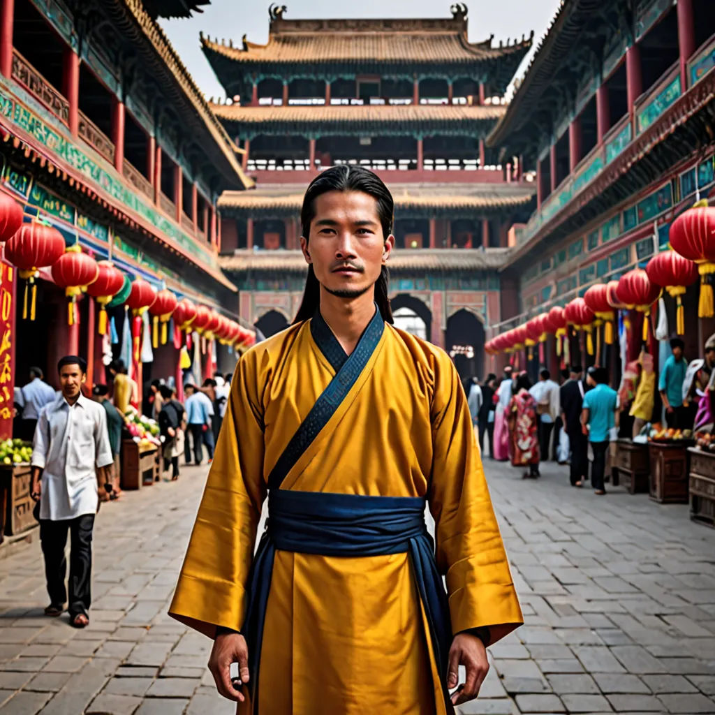 a man in a yellow robe standing in a courtyard with lanterns and people in the background in china, asia, cloisonnism, a character portrait, Fang Congyi, promotional image