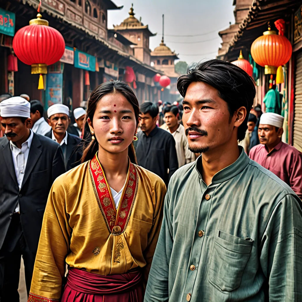 a man and woman standing in front of a crowd of people in a street with lanterns hanging above them, cloisonnism, a photo, An Zhengwen, orientalism