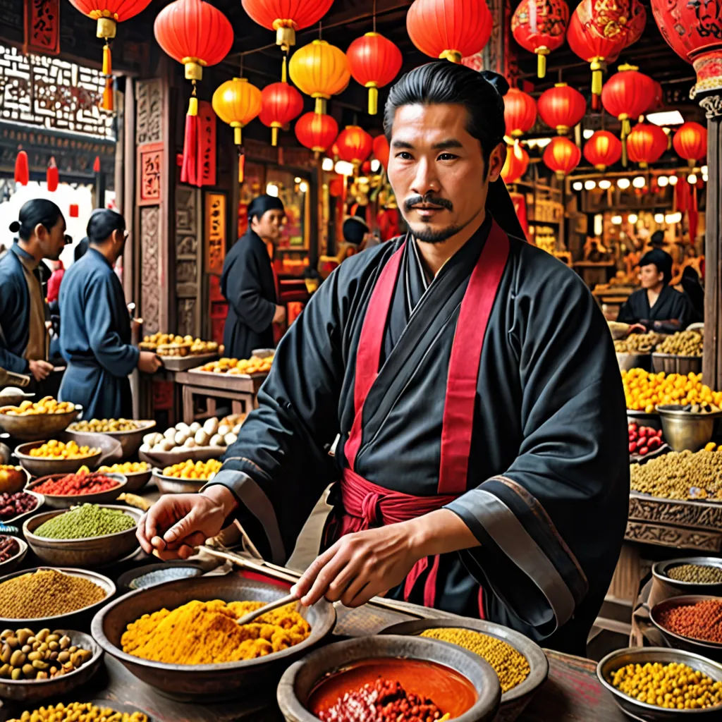 a man in a chinese restaurant preparing food for customers to eat at the table and the food is on the table, cloisonnism, a colorized photo, Dai Jin, orientalism