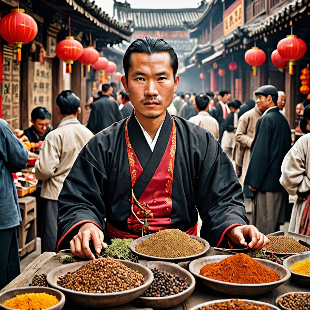 a man in a black and red outfit is holding a tray of food in front of a table full of bowls of food, cloisonnism, a colorized photo, Cao Buxing, orientalism